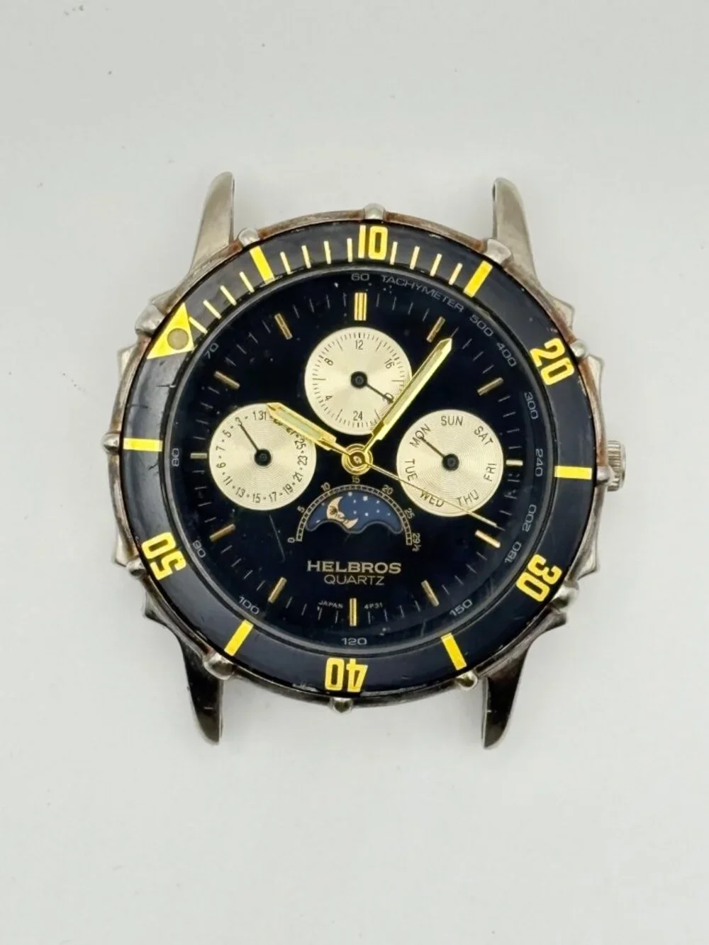 Helbros Quartz Moonphase Watch Head 38mm Diver Bezel Subdials Vintage 9301 4P31